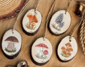 Forest mushrooms ornaments handpainted wood slice art nature toadstool fly agaric morel chanterelle honey fungus