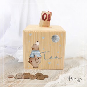 Personalisierte Spardose Mond Bär blau – Spardose für Mädchen & Jungs – Perfektes Geschenk – Einzigartige Kinder-Spardose aus Holz