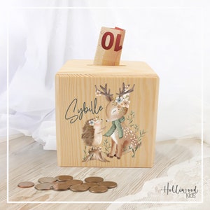 Personalisierte Spardose Reh Igel Winter – Spardose für Mädchen & Jungs – Perfektes Geschenk – Einzigartige Kinder-Spardose aus Holz