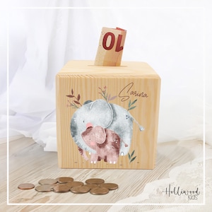 Personalisierte Spardose Elefanten Mama Kind – Spardose für Mädchen & Jungs – Perfektes Geschenk – Einzigartige Kinder-Spardose aus Holz