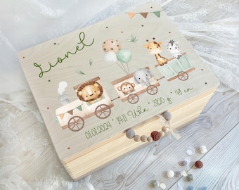 Scatola dei ricordi del bambino | Treno safari con leone, giraffa ed elefante | Regalo personalizzato con incisione e verniciatura individuale