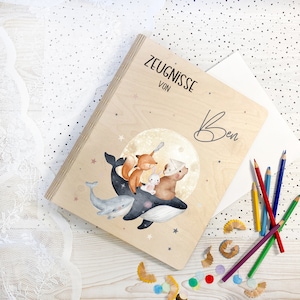 Personalisierte Zeugnismappe aus Holz mit Wunschmotiv, Geschenk zur Einschulung, Einschulungsgeschenk Schulkind, Zeugnismappe Ringbuch