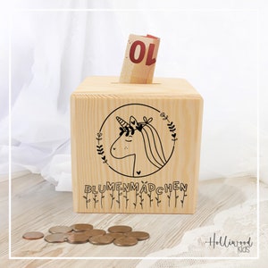 Personalisierte Spardose Blumenmädchen – Spardose für Mädchen & Jungs – Perfektes Geschenk – Einzigartige Kinder-Spardose aus Holz