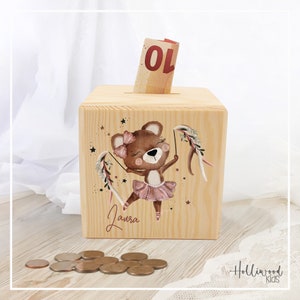 Personalisierte Spardose Ballett-Bär – Spardose für Mädchen & Jungs – Perfektes Geschenk – Einzigartige Kinder-Spardose aus Holz