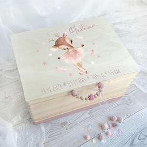 Personalisierte Erinnerungskiste Rehkitz | Geschenk zur Geburt Mädchen | Baby Erinnerungsbox aus Holz mit Gravur