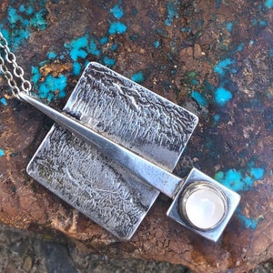 Artisan Moonstone Sterling Pendant & Sterling Chain, Textured Sterling, Unusual Distinctive Design