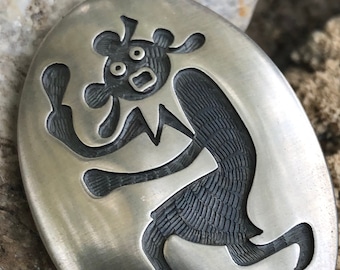 Hopi Emery Holmes Mudhead Kachina Sterling Overlay Brooch Pin, Dancing Koyemsi Katsina, Hopicrafts Guild Artisan