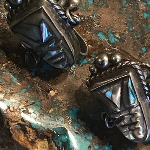 Vintage Mexico Carved Abalone Sterling Screw-back Earrings, hallmark VF or UF, Artisan Made, Mid-Century Mexico