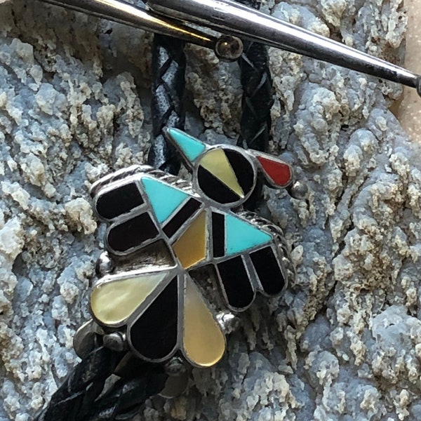 Zuni Thunderbird Sterling Inlay Bolo Tie, Turquoise Shell Turquoise Onyx Inlay. Southwest Native American, Western Tie, String Tie