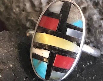 Vintage Zuni Inlay Ring, Sterling, Artisan Stone to Stone Inlay, Colorful Turquoise Coral Jet Shell Inlay, Size 6-1/4