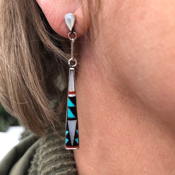 Zuni Inlay Sterling Earrings, Turquoise Coral Jet Shell Stone to Stone Inlay, 2-1/3 Inch Drop, Southwest Native American Artisan Made