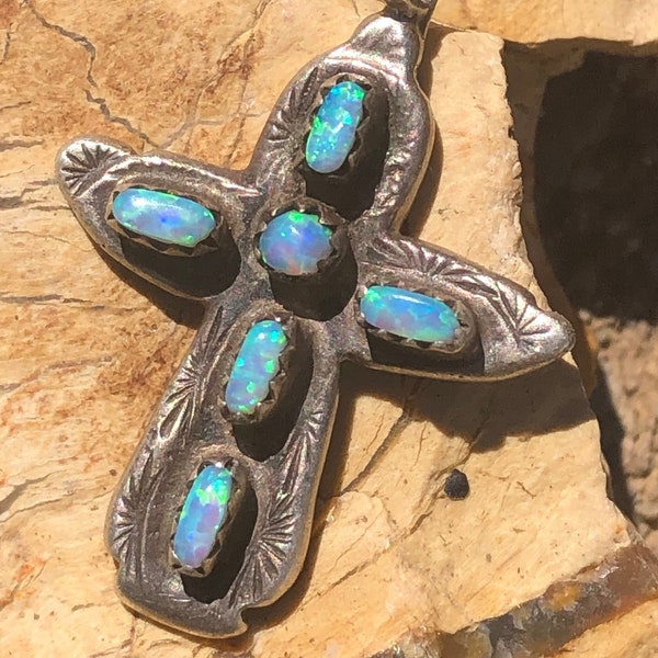 Zuni Cecilia Iule Sterling Opal Cross, Hand Stamped Southwest Native American