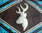 Rare Navajo Yazzie Inlay Belt Buckle, DY Doris Yazzie Deer Inlay Sterling Spiderweb Turquoise Onyx Cocobolo, Master Artisan Superb Inlay