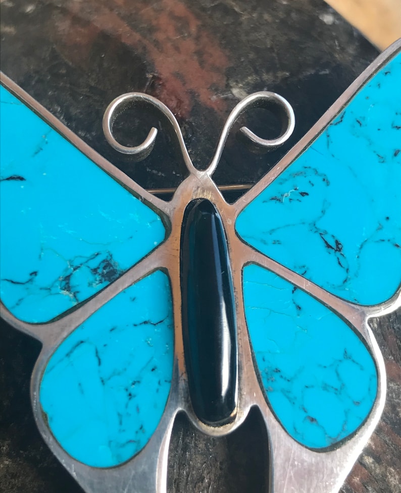 Artisan Design 25.8 grams Vintage .950 Silver Butterfly Brooch Pin Taxco Alicia de la Paz Turquoise Onyx