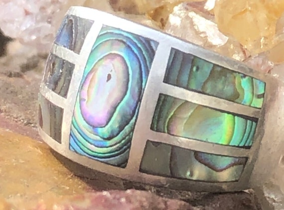 Abalone Inlay Sterling Silver Ring, Vintage Artis… - image 2