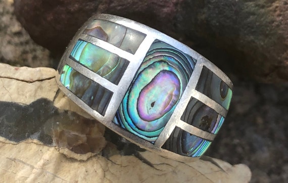 Abalone Inlay Sterling Silver Ring, Vintage Artis… - image 1