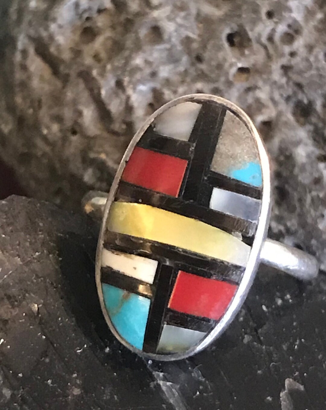 Vintage Zuni Inlay Ring Sterling Artisan Stone to Stone - Etsy