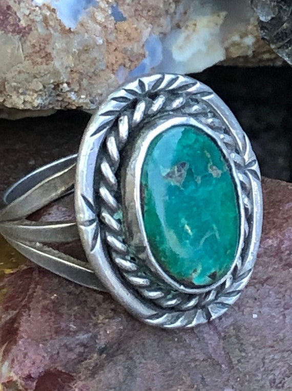 Navajo Blue-Green Turquoise Hand-Stamped Sterling 