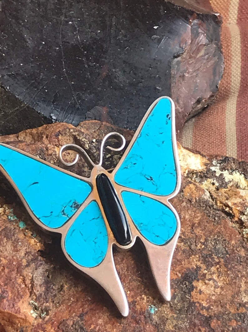 Artisan Design 25.8 grams Vintage .950 Silver Butterfly Brooch Pin Taxco Alicia de la Paz Turquoise Onyx