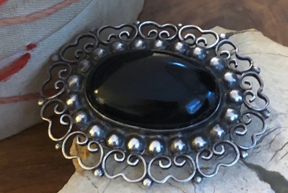 Antique Mexico "Plata Sterling" Onyx Brooch Pin, … - image 3