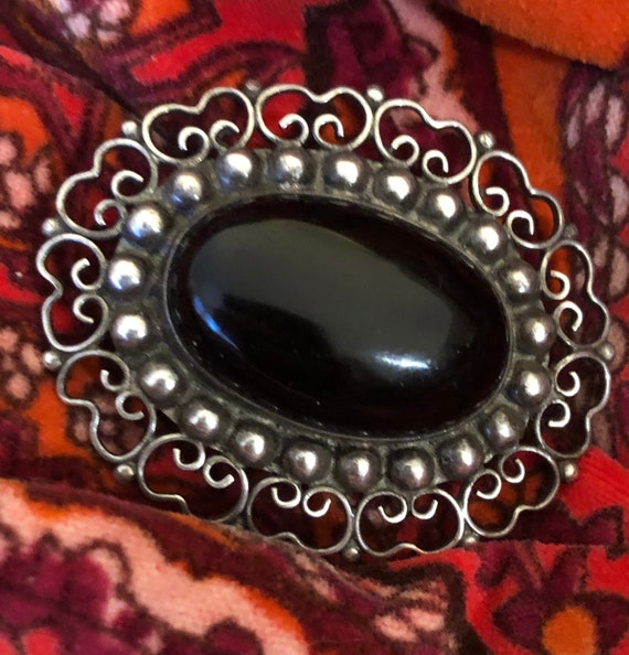 Antique Mexico "Plata Sterling" Onyx Brooch Pin, … - image 2