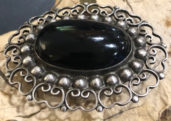 Antique Mexico "Plata Sterling" Onyx Brooch Pin, … - image 10