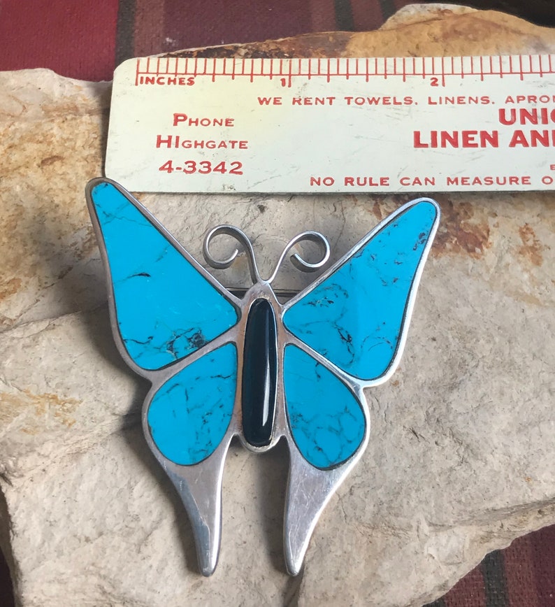 Artisan Design 25.8 grams Vintage .950 Silver Butterfly Brooch Pin Taxco Alicia de la Paz Turquoise Onyx