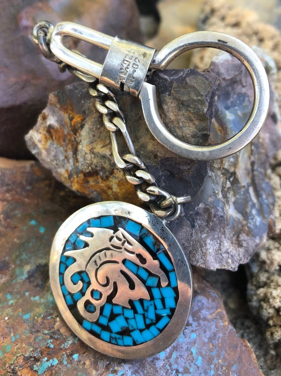 Early Taxco Turquoise Chip Sterling Keychain Fob,… - image 9