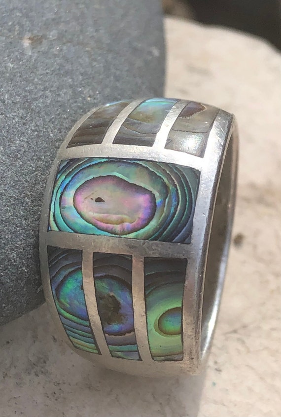 Abalone Inlay Sterling Silver Ring, Vintage Artis… - image 9