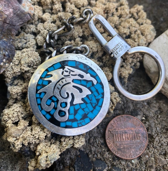 Early Taxco Turquoise Chip Sterling Keychain Fob,… - image 3