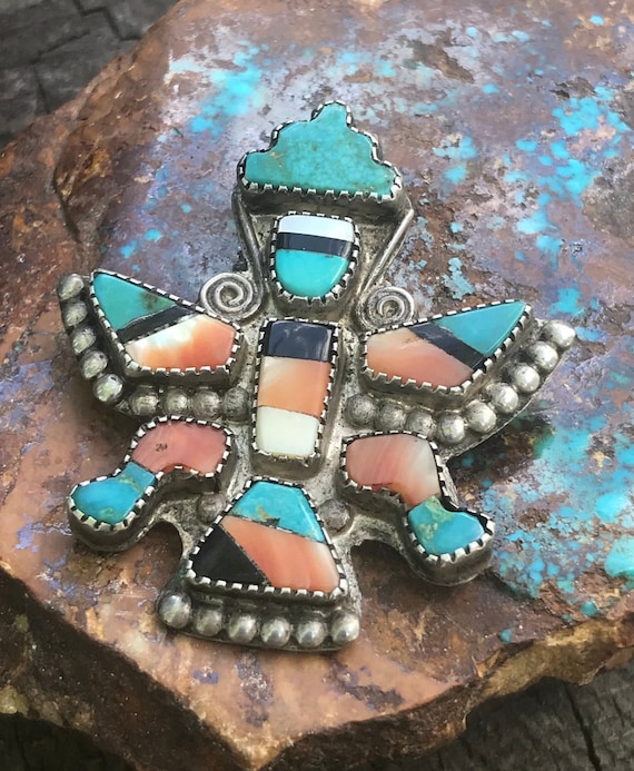 Large Early Zuni Knifewing Inlay Brooch Pin,  Art… - image 1