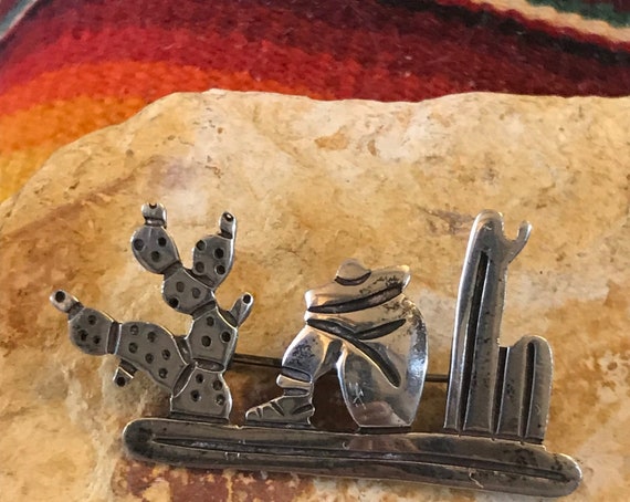 Old Taxco 950 Silver Brooch, Scenic Cactus Sombre… - image 2