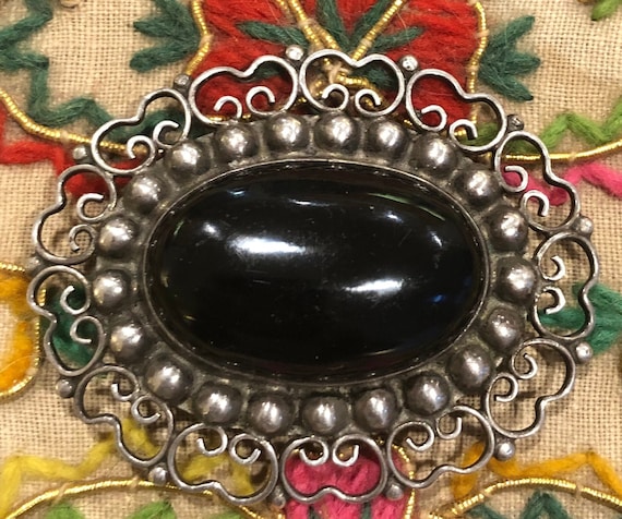 Antique Mexico "Plata Sterling" Onyx Brooch Pin, … - image 1