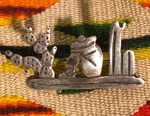 Old Taxco 950 Silver Brooch, Scenic Cactus Sombre… - image 9