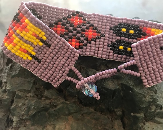 Native American Style Bead Bracelet Cuff, Feather Design,  Artisan Made Adjustable, Southwestern Style