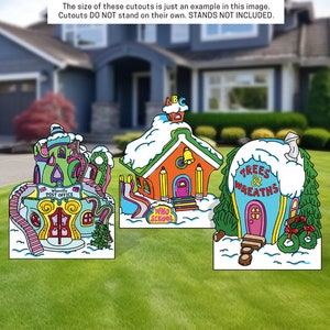Grinch Yard Decoration, 3 Whoville House about 4 feet tall! Whoville Yard Sign, Whoville Christmas Decoration, 4mm CORRUGATED BOARD!