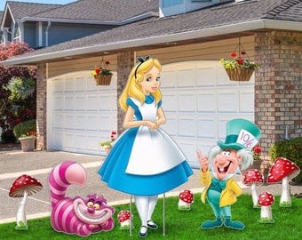 Alice in Wonderland Party Decoration, Yard Sign, Alice in Wonderland Birthday Backdrop, Cutouts, Photo Props, Room Decor, Party Prop