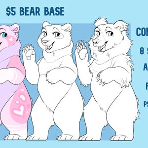 May include: Three bear base line art illustrations in different poses. The bear on the left is pink and purple with white accents. The middle bear is white. The bear on the right is white with a furry outline. The text "$5 BEAR BASE" is at the top of the image. The text "CONTAINS: 8 SPECIES ANTHRO AND FERAL PSD FILE ONLY" is on the right side of the image.
