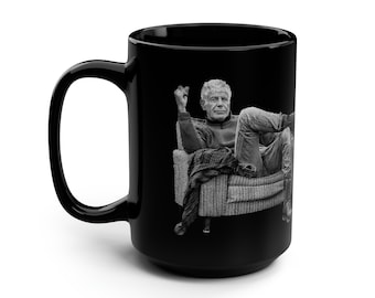 Halftone Effect Bourdain Sitting Coffee Mug | Les Halles 2 Bourdain and Coffee | Black Mug 15oz