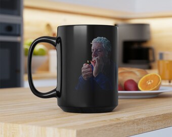 Halftone Effect Bourdain Smoking a Joint Coffee Mug | Les Halles 3 Bourdain and Coffee | Cannabis and Coffee | Black Mug 15oz