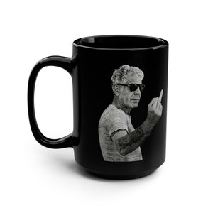 Halftone Effect Bourdain flipping the Bird Coffee Mug | Les Halles Bourdain and Coffee | Black Mug 15oz