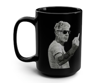 Halftone Effect Bourdain flipping the Bird Coffee Mug | Les Halles Bourdain and Coffee | Black Mug 15oz