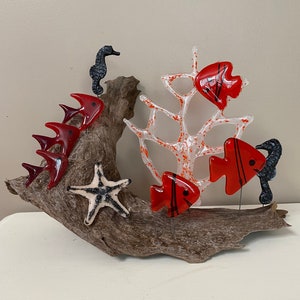 Fused Glass art seascape Suncatcher Coral reef seahorse fish starfish ornament