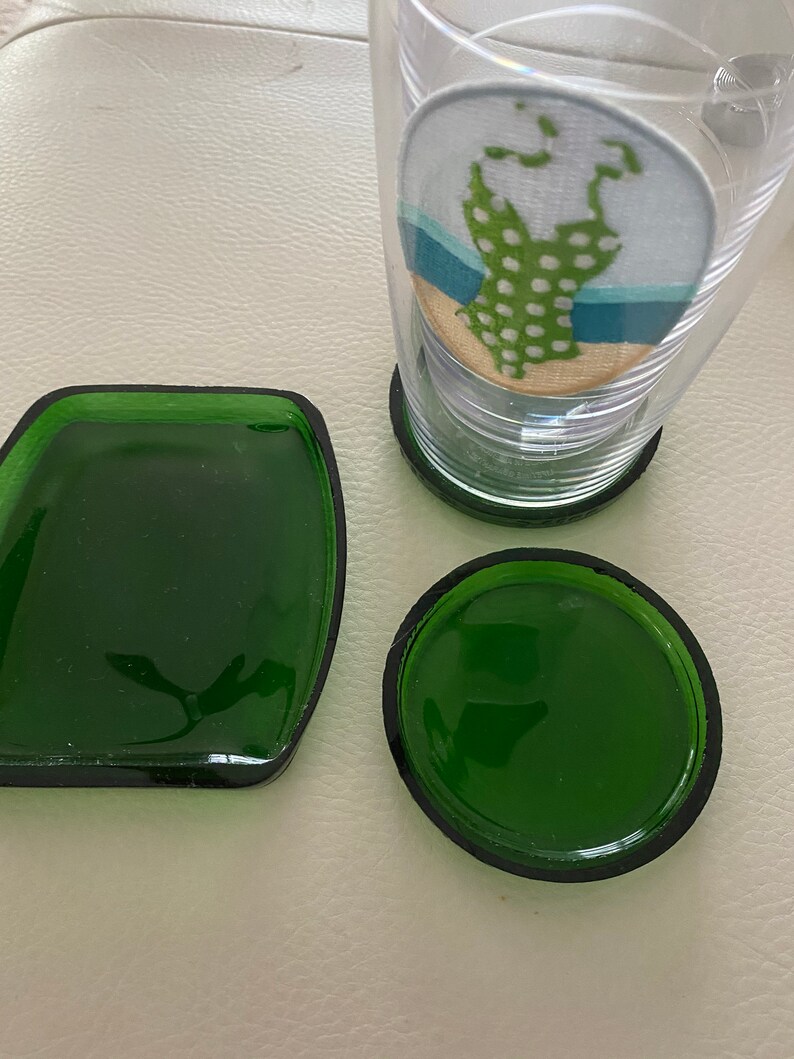GREEN glass CANDLE Holders COASTERS drink REcycled Bottles