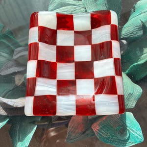 Checkerboard red and white spoon rest Fused glass art checkered