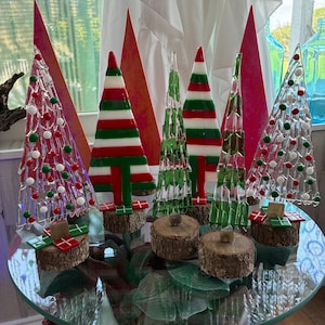 Fused glass art Christmas trees with presents