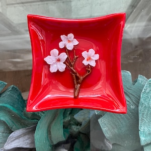 Tiny little red glass cherry blossom ring dish Fused glass art trinket holder