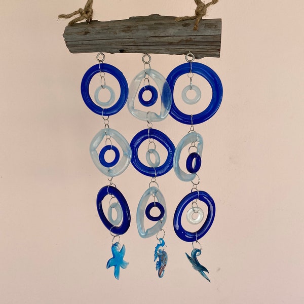 SHADES of BLUE GLASS rings wind chime/windchime recycled bottle rings driftwood seahorse starfish