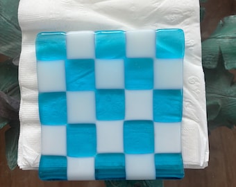 Slumped blue & white checkerboard fused glass art napkin holder