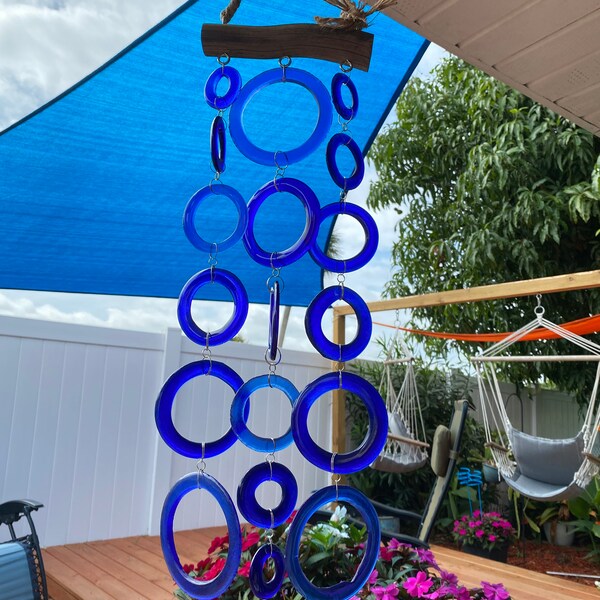 LARGE BLue GLASS rings wind chime/windchime recycled bottle rings driftwood